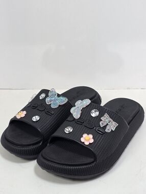 Bebe Black Slides with Butterfly Floral Rhinestone Embellishments